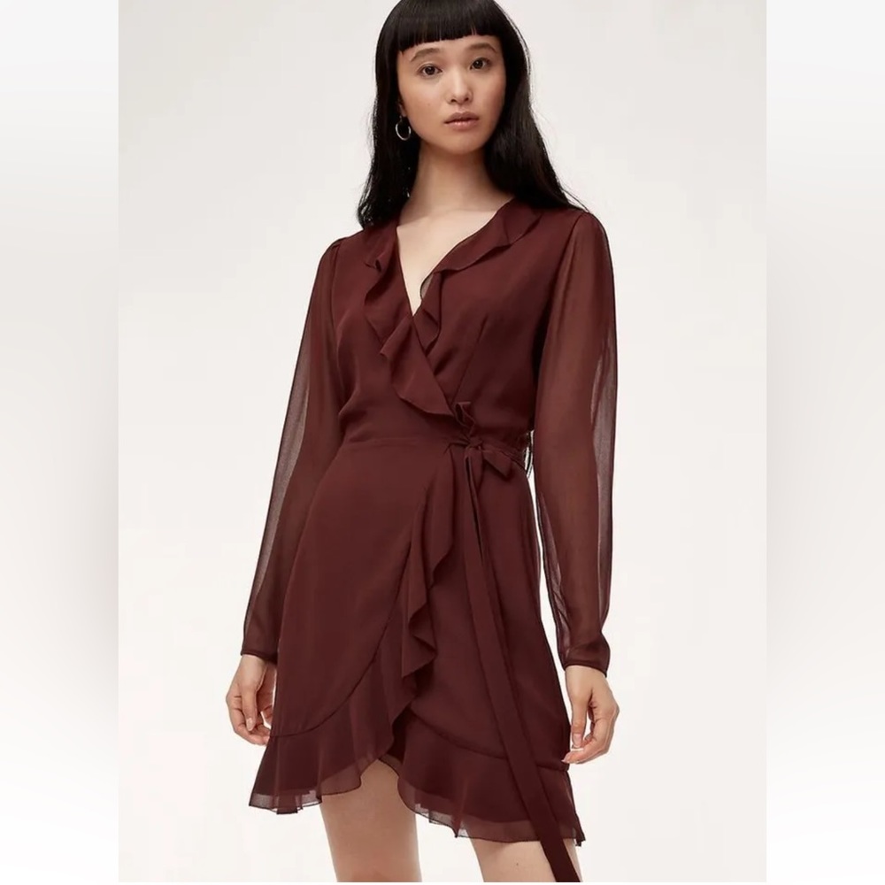 Aritzia Wilfred Louise Ruffle Wrap Dress Chiffon Burgundy Maroon Size L